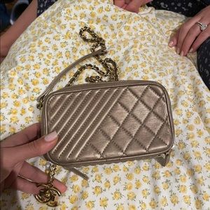 CHANEL quilted metallic gold/copper cross body mini camera bag